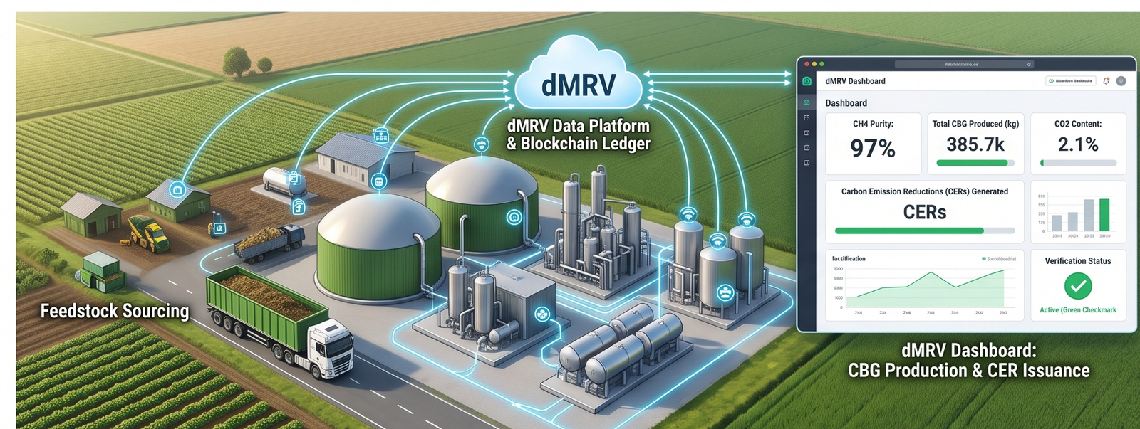 Biogas storage tanks in a green field