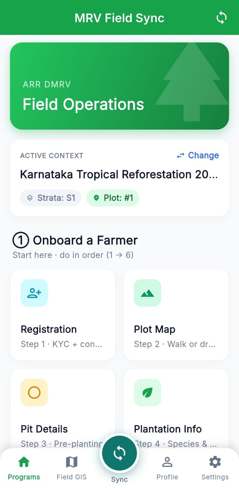TrueCarbon MRV Field Sync app — field operations home with offline sync