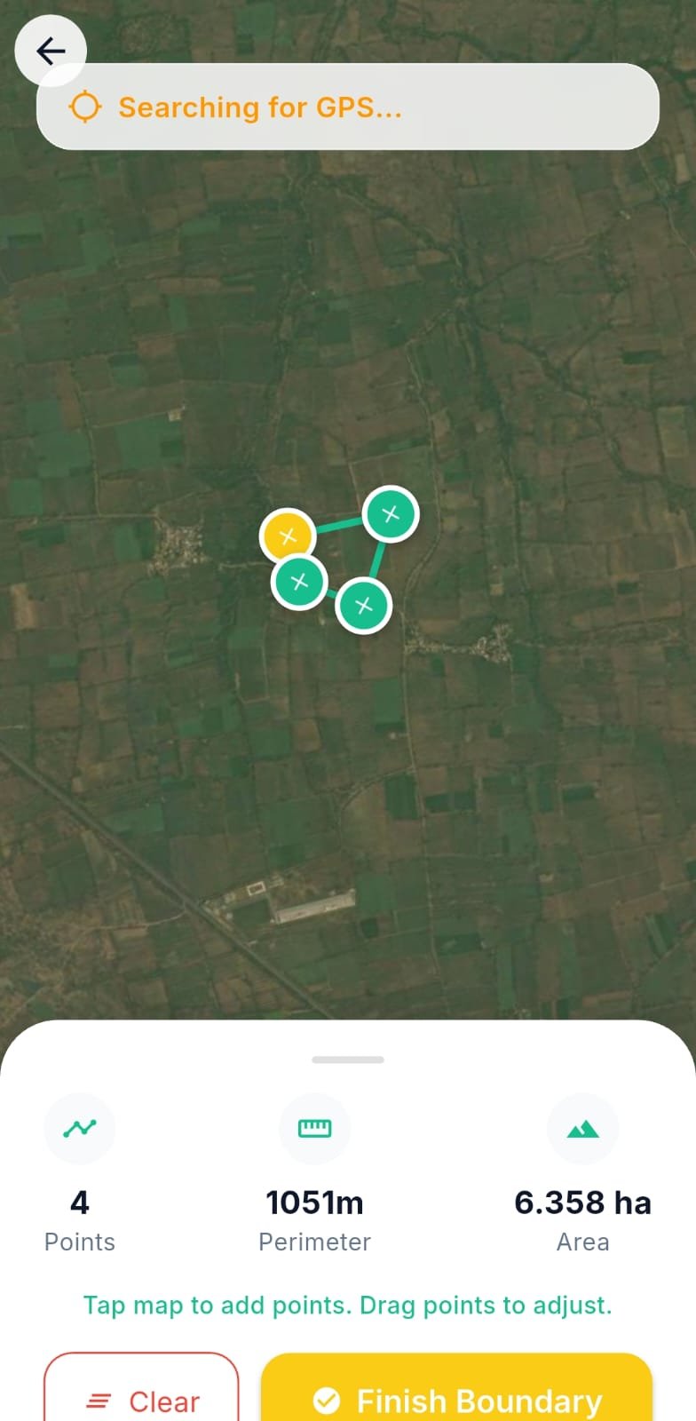 TrueCarbon field app mapping a GPS plot boundary — 6.358 ha over 4 points